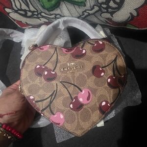 Coach Heart-Shaped Bag with Cherry Print - Brown and Pink